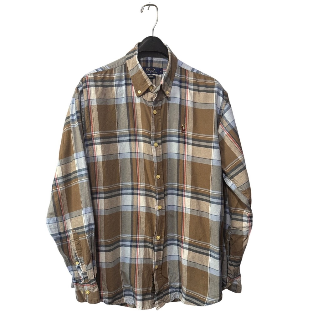 Polo Ralph Lauren Mens 2XL Custom Fit Plaid Button Down Shirt‎ Brown Blue Pony